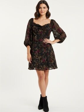 Showpo Velvet Burnout Off Shoulder Mini Dress Floral Black Pink US 12 NWT